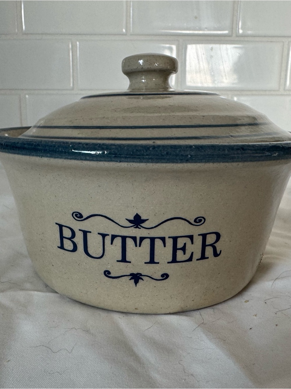Cream Stoneware Butter Crock with Blue Trim